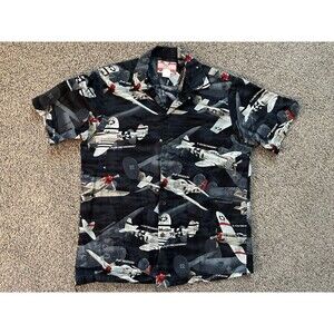 RJC Hawaiian Shirt WWII Mustang Thunderbolt Fighter Bomber Airplanes Navy Size M